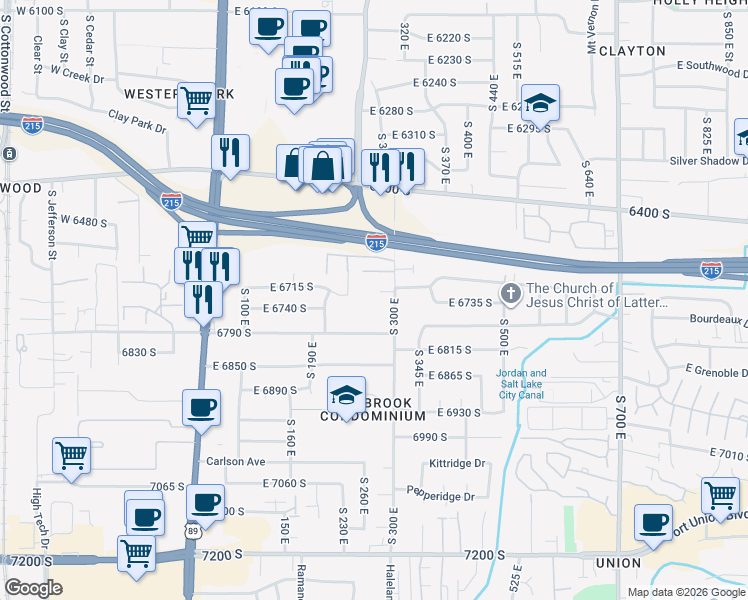map of restaurants, bars, coffee shops, grocery stores, and more near 6717 South Vaughn Lane in Midvale
