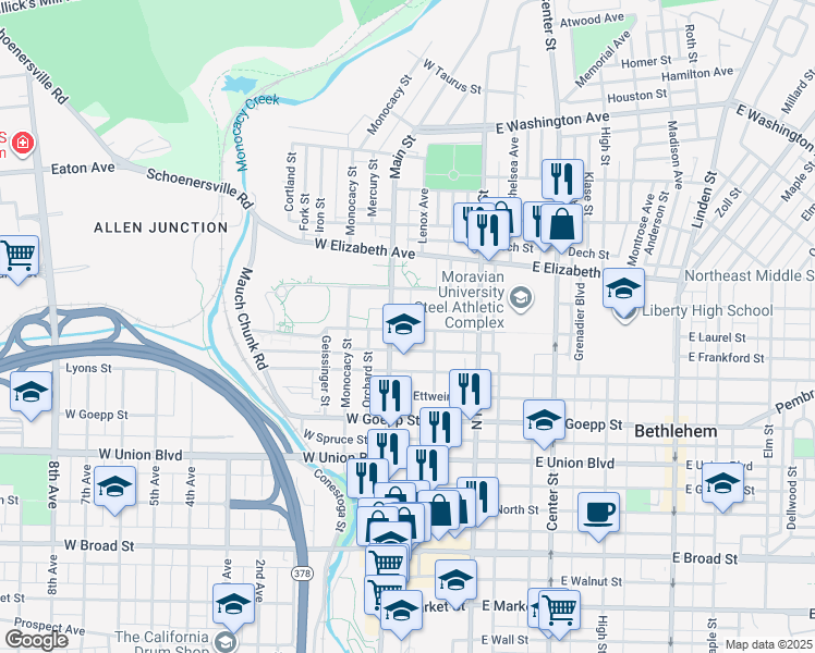 map of restaurants, bars, coffee shops, grocery stores, and more near 76 West Laurel Street in Bethlehem