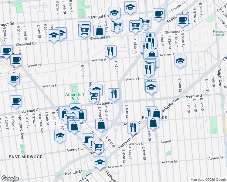 map of restaurants, bars, coffee shops, grocery stores, and more near 1771 Troy Avenue in Brooklyn