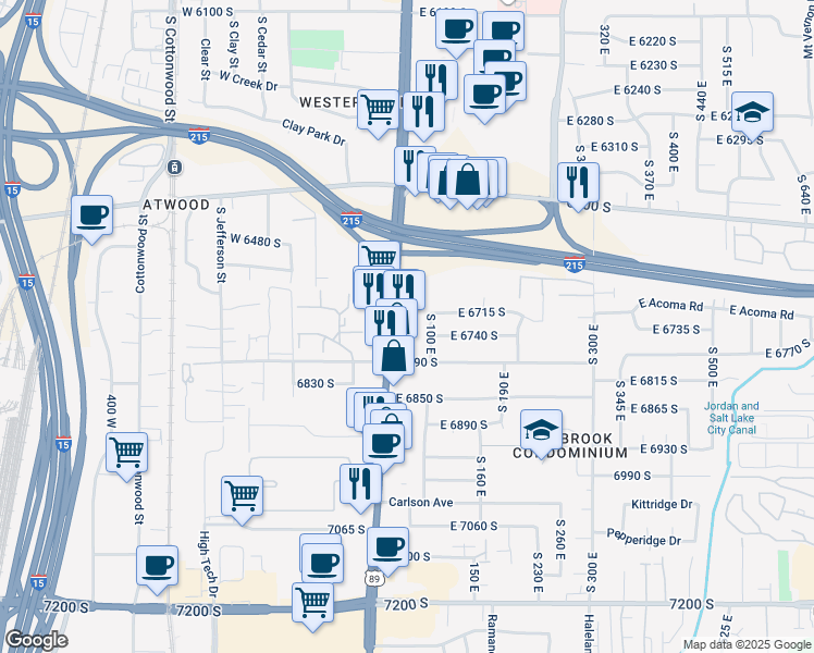 map of restaurants, bars, coffee shops, grocery stores, and more near 6657 State Street in Murray