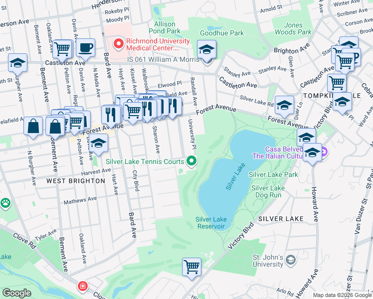 map of restaurants, bars, coffee shops, grocery stores, and more near 249 Hart Boulevard in Staten Island