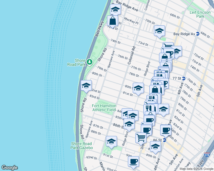 map of restaurants, bars, coffee shops, grocery stores, and more near 75 81st Street in Brooklyn