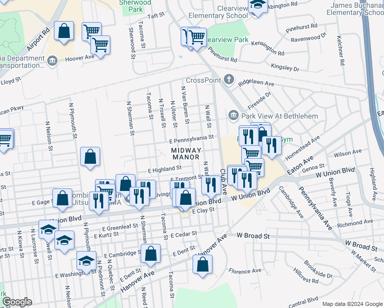 map of restaurants, bars, coffee shops, grocery stores, and more near 1123 North Van Buren Street in Allentown