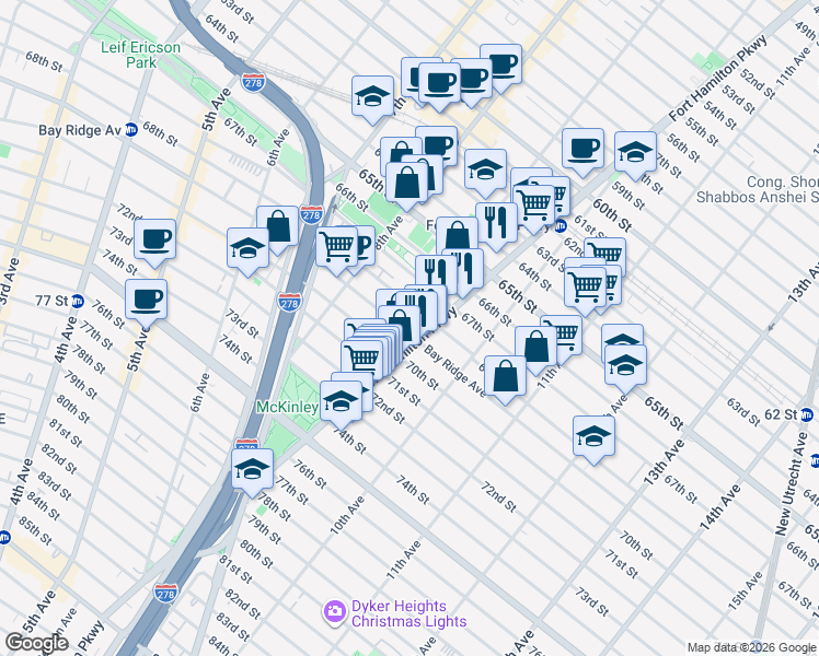 map of restaurants, bars, coffee shops, grocery stores, and more near 882 Bay Ridge Avenue in Brooklyn