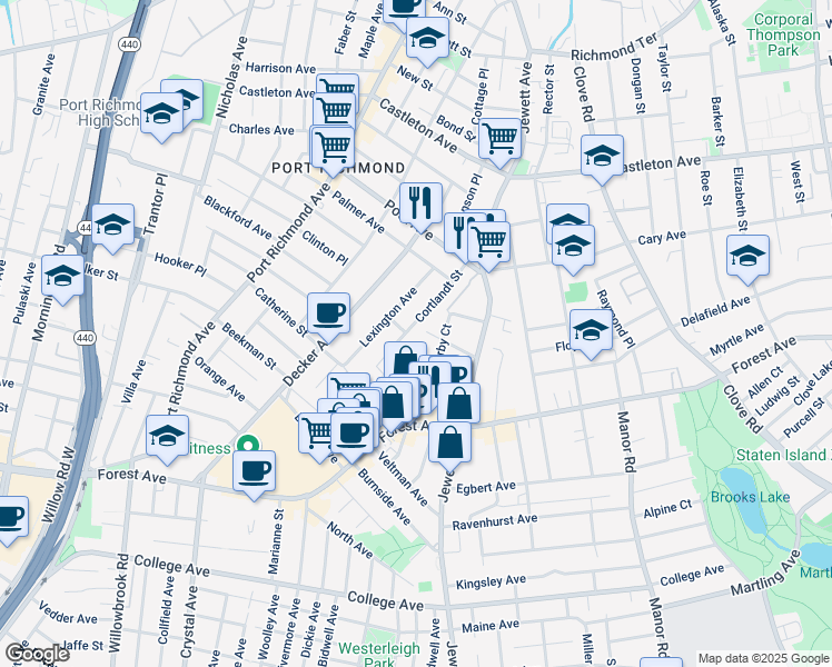 map of restaurants, bars, coffee shops, grocery stores, and more near 91 Cortlandt Street in Staten Island