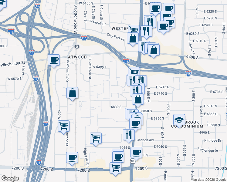 map of restaurants, bars, coffee shops, grocery stores, and more near 54 Lester Avenue in Murray