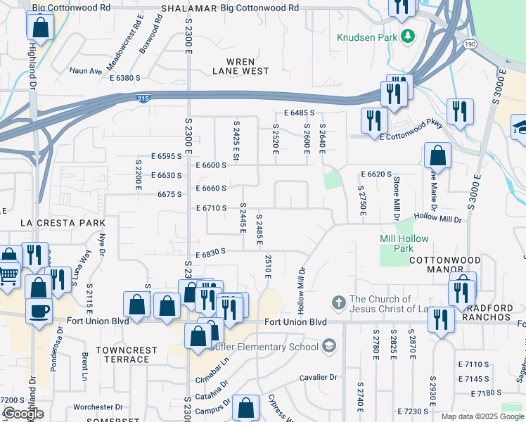 map of restaurants, bars, coffee shops, grocery stores, and more near 6721 South 2485 East in Cottonwood Heights