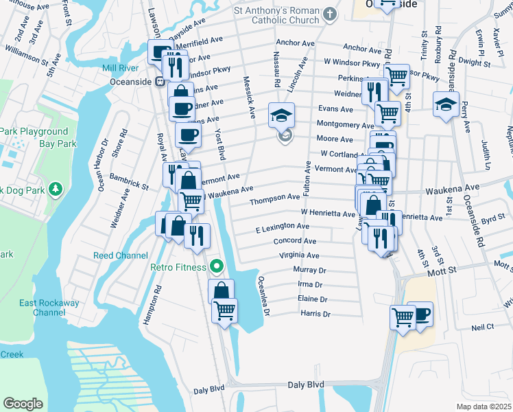 map of restaurants, bars, coffee shops, grocery stores, and more near 279 Thompson Avenue in Oceanside