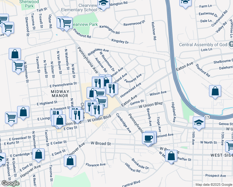 map of restaurants, bars, coffee shops, grocery stores, and more near 1148 Pennsylvania Avenue in Bethlehem