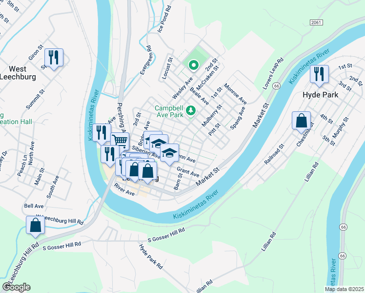 map of restaurants, bars, coffee shops, grocery stores, and more near 318 3181/2 Harrison Avenue in Leechburg