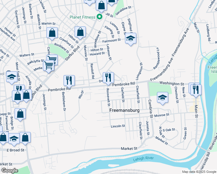 map of restaurants, bars, coffee shops, grocery stores, and more near 954 Pembroke Road in Bethlehem