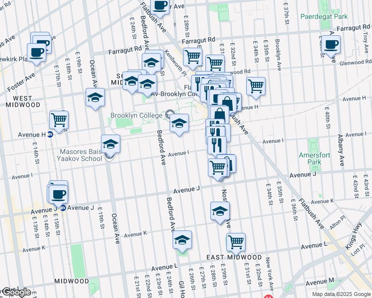 map of restaurants, bars, coffee shops, grocery stores, and more near 2701 Avenue I in Brooklyn