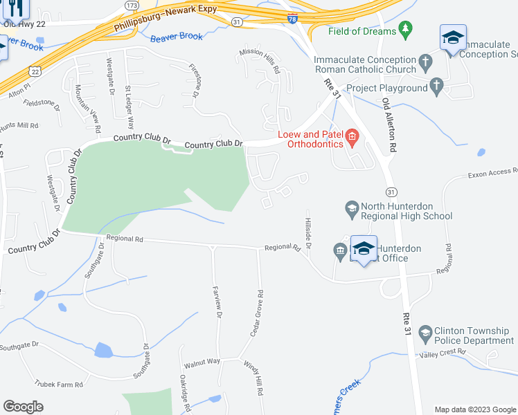 map of restaurants, bars, coffee shops, grocery stores, and more near 23 Westchester Terrace in Hunterdon County