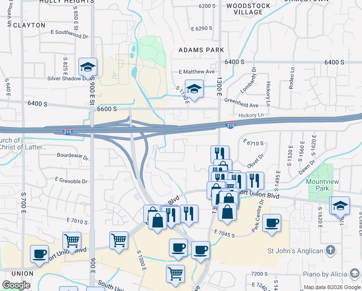 map of restaurants, bars, coffee shops, grocery stores, and more near 1157 East 6720 South in Salt Lake City