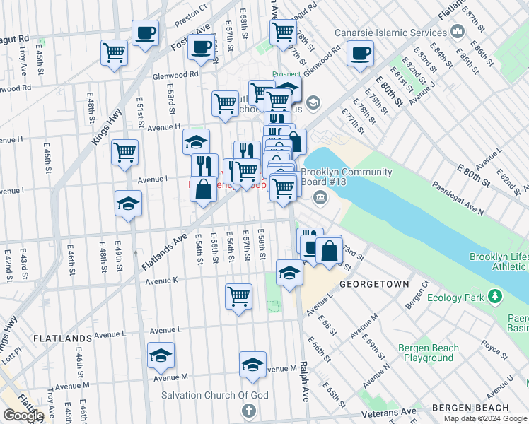 map of restaurants, bars, coffee shops, grocery stores, and more near 1067 East 58th Street in Brooklyn