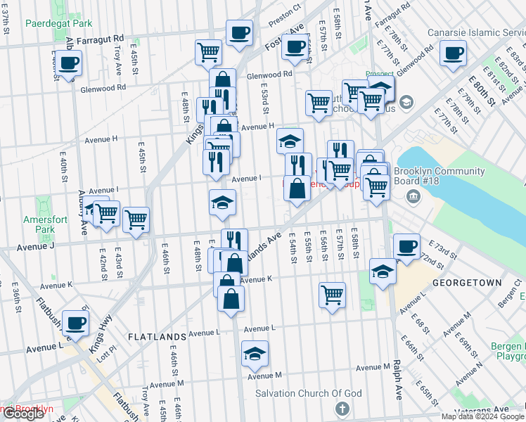 map of restaurants, bars, coffee shops, grocery stores, and more near 1265 East 52nd Street in Brooklyn