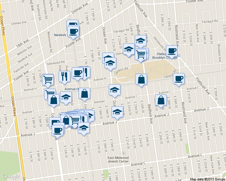 map of restaurants, bars, coffee shops, grocery stores, and more near 1362 Ocean Avenue in Brooklyn