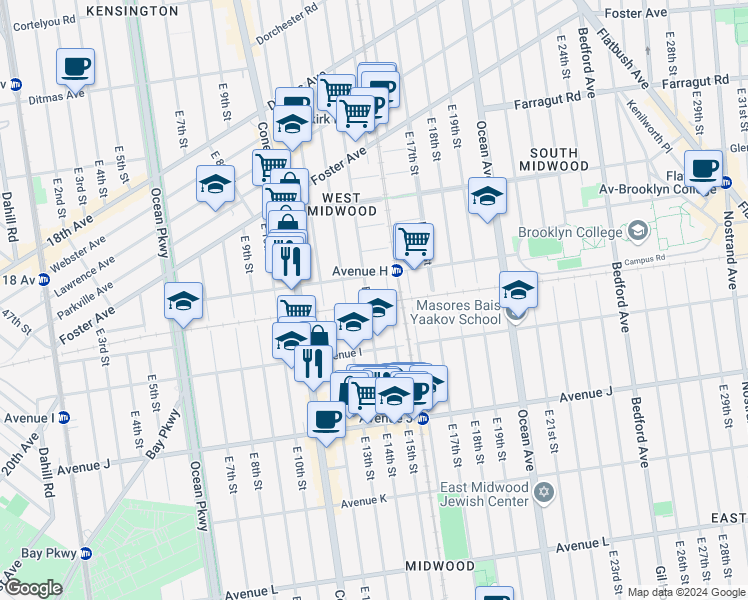 map of restaurants, bars, coffee shops, grocery stores, and more near 830 East 14th Street in Brooklyn