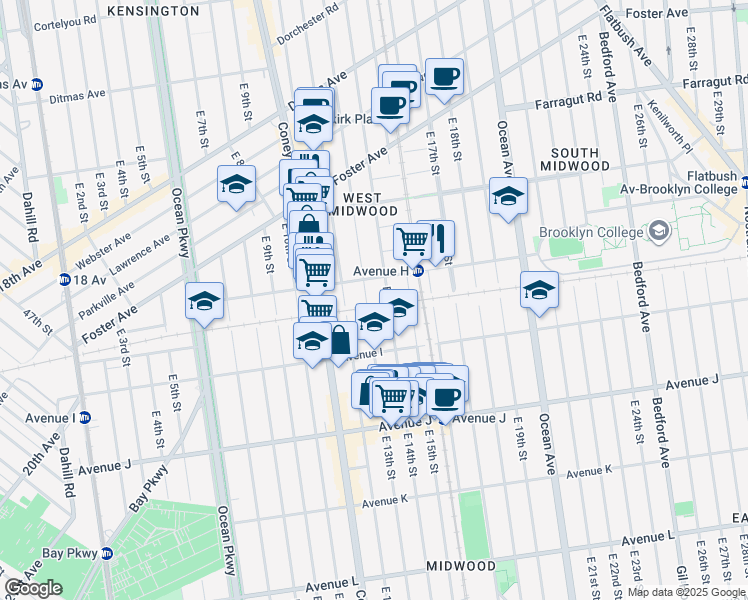 map of restaurants, bars, coffee shops, grocery stores, and more near 830 East 14th Street in Brooklyn