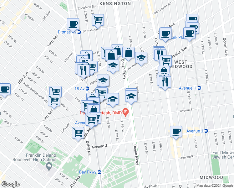 map of restaurants, bars, coffee shops, grocery stores, and more near 927 East 5th Street in Brooklyn