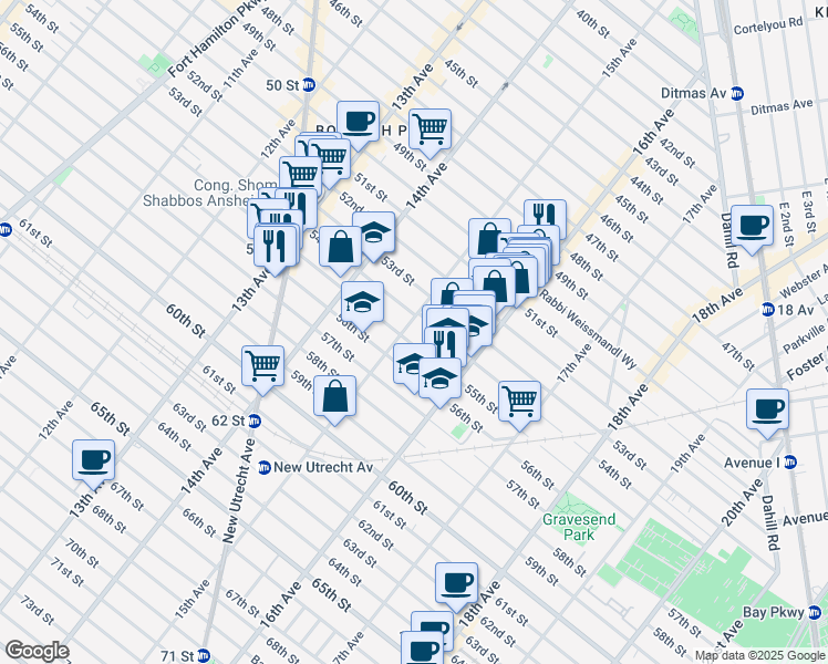 map of restaurants, bars, coffee shops, grocery stores, and more near 1515 55th Street in Brooklyn