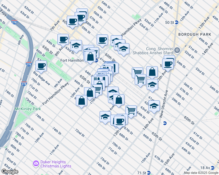 map of restaurants, bars, coffee shops, grocery stores, and more near 1136 63rd Street in Brooklyn