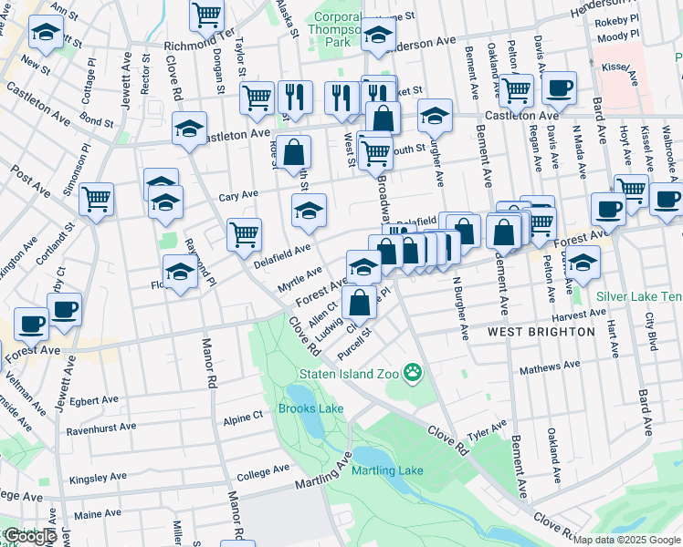 map of restaurants, bars, coffee shops, grocery stores, and more near 857 Forest Avenue in Staten Island