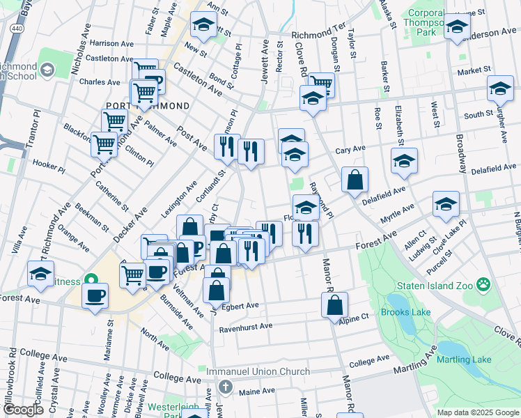 map of restaurants, bars, coffee shops, grocery stores, and more near 117 Dubois Avenue in Staten Island