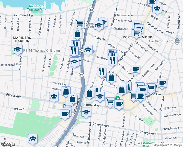 map of restaurants, bars, coffee shops, grocery stores, and more near 470 Villa Avenue in Staten Island