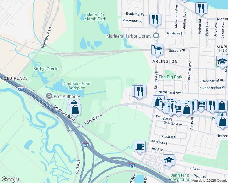 map of restaurants, bars, coffee shops, grocery stores, and more near 2501 Forest Avenue in Staten Island