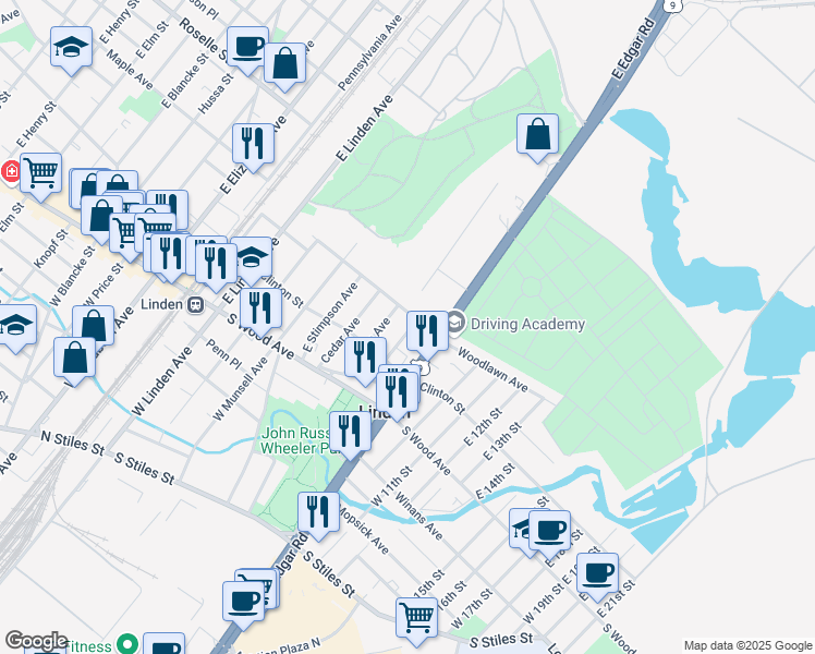 map of restaurants, bars, coffee shops, grocery stores, and more near 138 Liberty Street in Linden