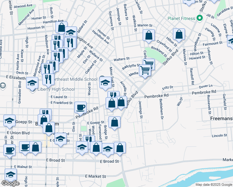 map of restaurants, bars, coffee shops, grocery stores, and more near 1120 Minsi Trail Street in Bethlehem