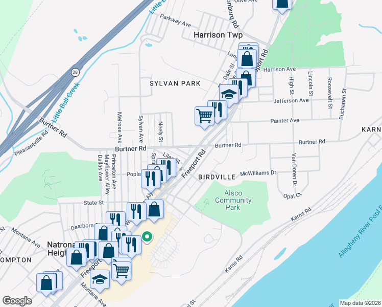 map of restaurants, bars, coffee shops, grocery stores, and more near in Natrona Heights