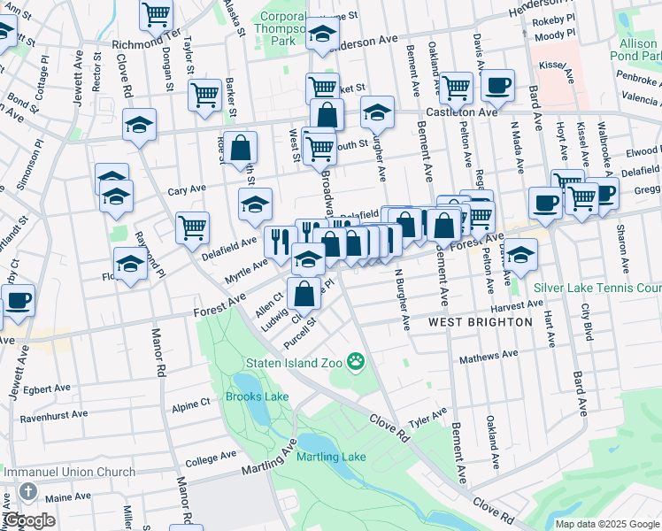 map of restaurants, bars, coffee shops, grocery stores, and more near 821b Forest Avenue in Staten Island