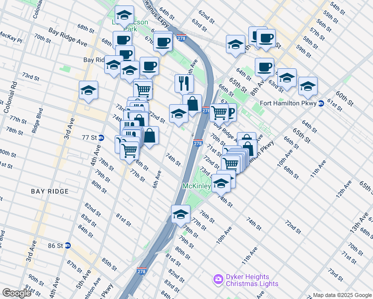 map of restaurants, bars, coffee shops, grocery stores, and more near 7212 7th Avenue in Brooklyn