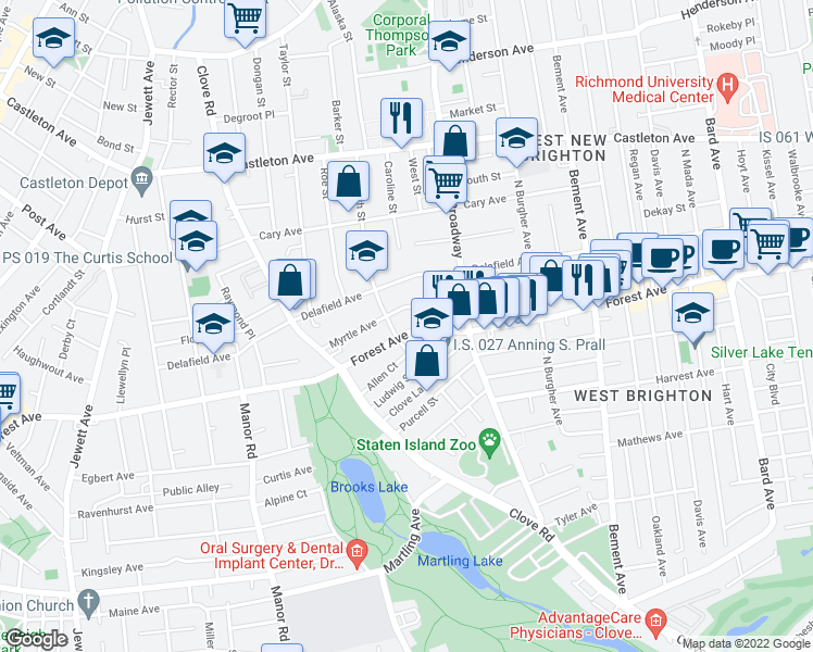 map of restaurants, bars, coffee shops, grocery stores, and more near 857 Forest Avenue in Staten Island