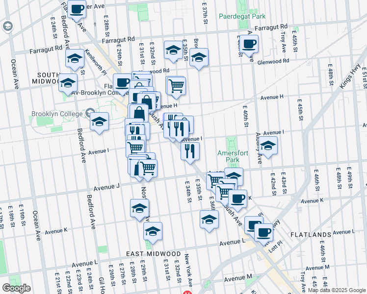 map of restaurants, bars, coffee shops, grocery stores, and more near 1692 Flatbush Avenue in Brooklyn