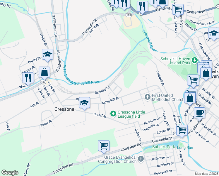 map of restaurants, bars, coffee shops, grocery stores, and more near 151 Railroad Street in Cressona