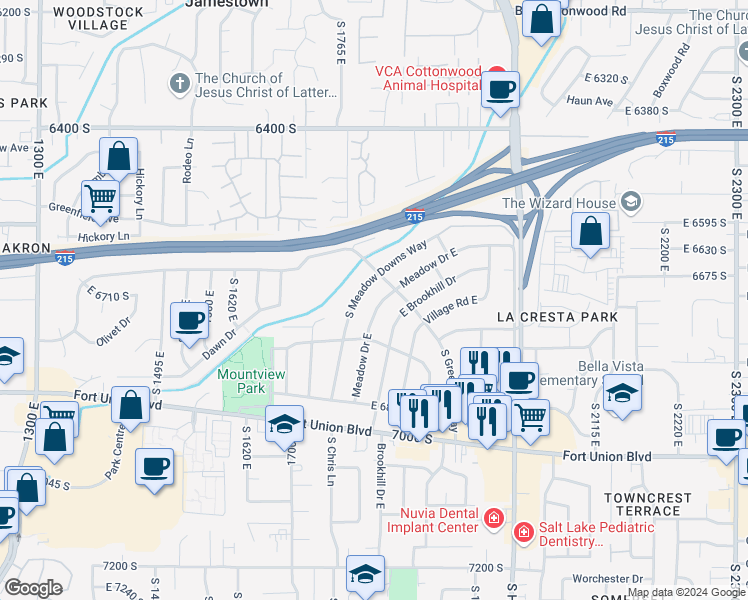 map of restaurants, bars, coffee shops, grocery stores, and more near 1815 Meadow Drive East in Cottonwood Heights