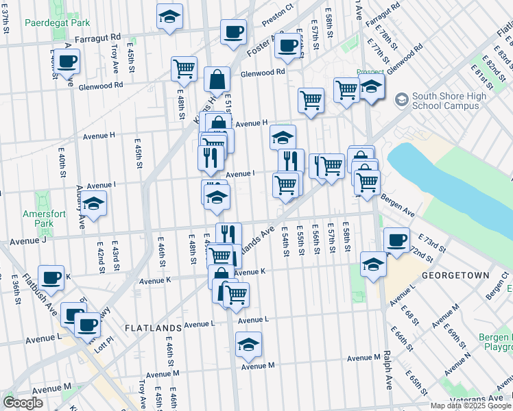 map of restaurants, bars, coffee shops, grocery stores, and more near 1265 East 52nd Street in Brooklyn