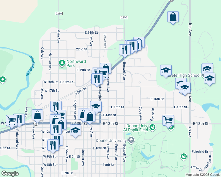 map of restaurants, bars, coffee shops, grocery stores, and more near 1706 Grove Avenue in Crete