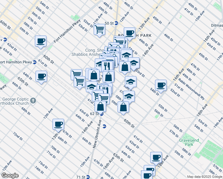 map of restaurants, bars, coffee shops, grocery stores, and more near 5712 14th Avenue in Brooklyn