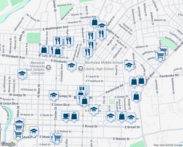 map of restaurants, bars, coffee shops, grocery stores, and more near 1107 Maple Street in Bethlehem