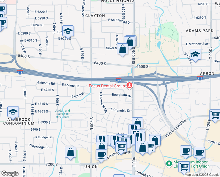 map of restaurants, bars, coffee shops, grocery stores, and more near East Enchanted Drive in Midvale