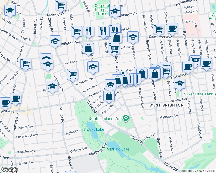 map of restaurants, bars, coffee shops, grocery stores, and more near 857 Forest Avenue in Staten Island