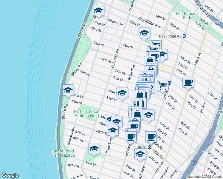 map of restaurants, bars, coffee shops, grocery stores, and more near 147 80th Street in Brooklyn