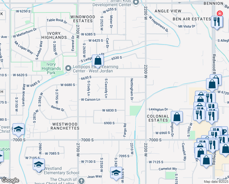 map of restaurants, bars, coffee shops, grocery stores, and more near 6722 South Carson Circle in West Jordan