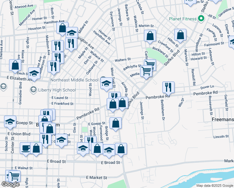 map of restaurants, bars, coffee shops, grocery stores, and more near 1120 Minsi Trail Street in Bethlehem