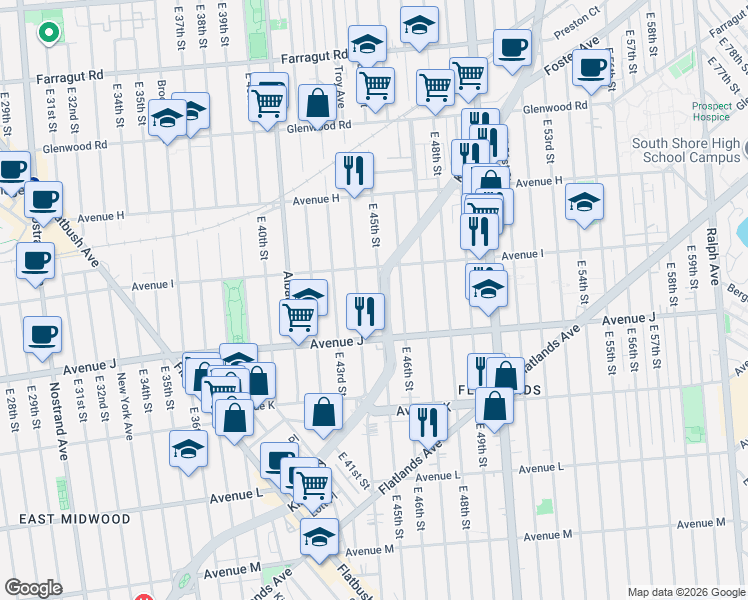 map of restaurants, bars, coffee shops, grocery stores, and more near 1771 Troy Avenue in Brooklyn