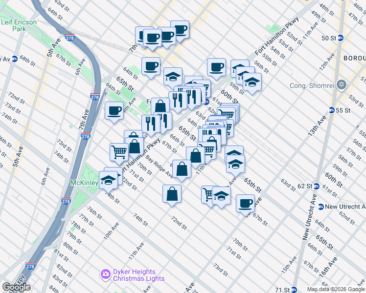 map of restaurants, bars, coffee shops, grocery stores, and more near 1014 66th Street in Brooklyn